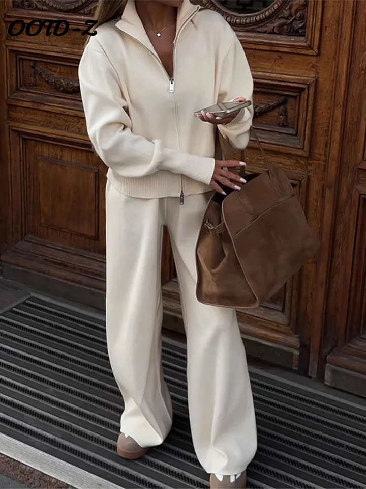 Casual Knit Women Coat Pant Set White Lantern Full Sleeve Coats Female Sets Spring Sport Wide Leg Lady Trousers Suit 250207