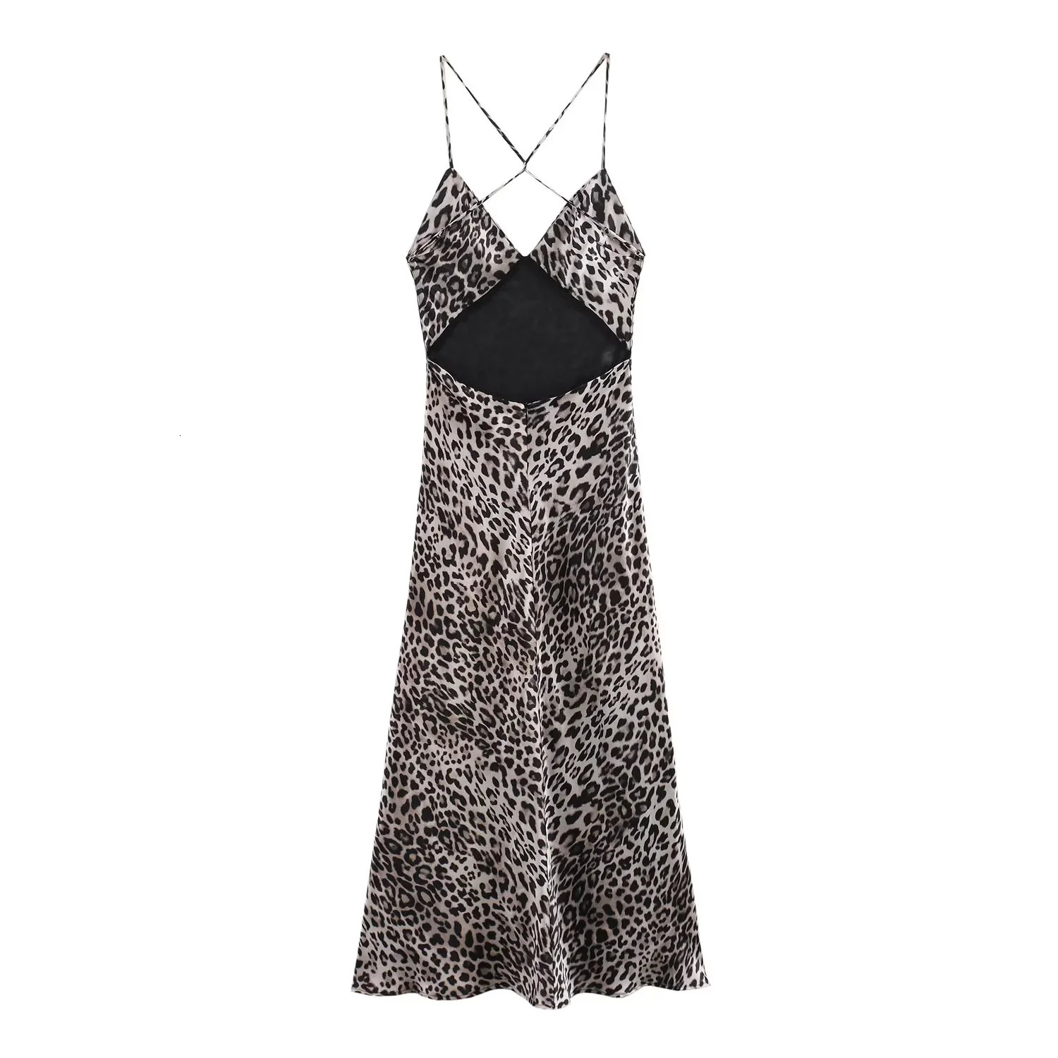 2024 Autumn Vneck European And American Style Fashionable Silk Satin Texture Leopard Print Suspender Backless MIDI Dress 250207