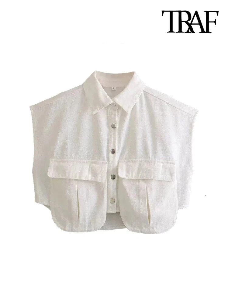 TRAF Women Fashion With Pockets Cropped Denim Shirts Sexy Sleeveless Buttonup Female Blouses Blusas Chic Tops 250121