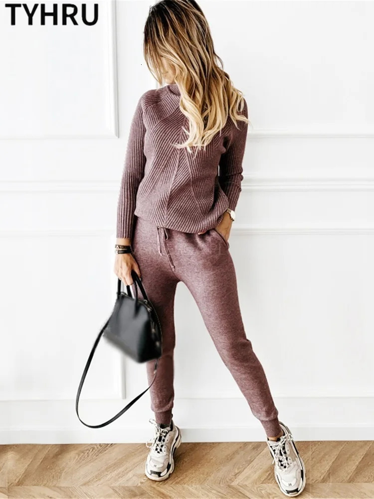 TYHRU Autumn Winter Womens tracksuit Solid Color Striped Turtleneck Sweater and Elastic Trousers Suits Knitted Two Piece Set 250207