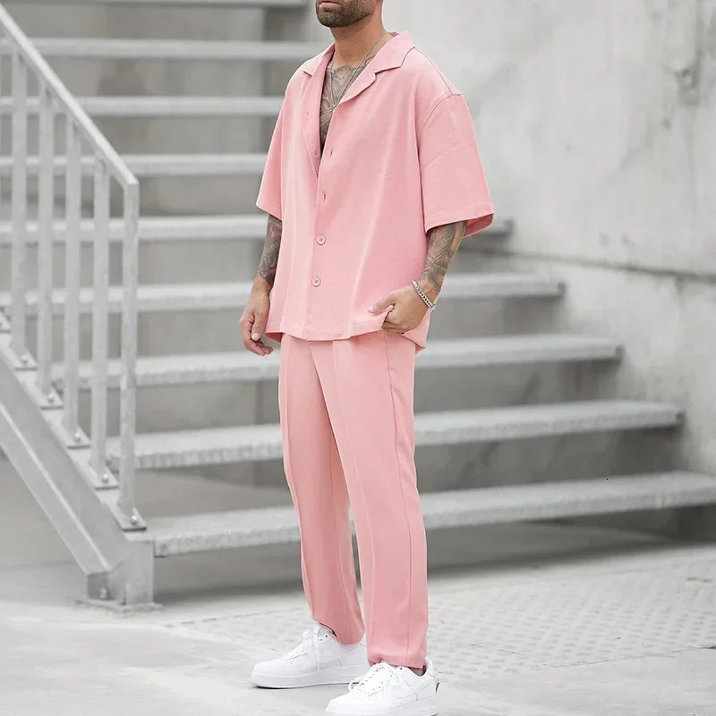 Summer Fashion Shirts and Pants Twopiece Mens Sets Trend Solid Color Male Suit Pink Large Size Sweatshirts Clothing 250207
