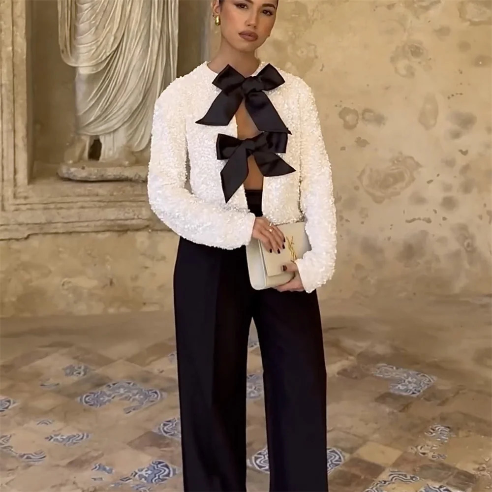 UNIZERA Autumn/Winter Product Womens Fashionable and Stylish Round Neck Long sleeved Bow Tied Sequin Suit Coat 250207