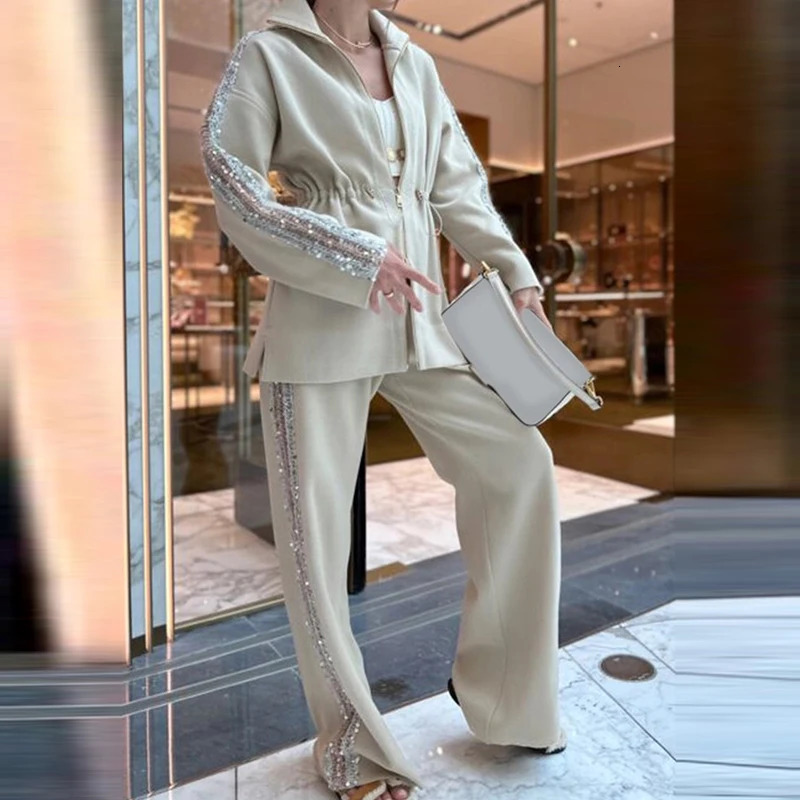 Autumn Winter Long Sleeved Loose Two Piece Set Fashion Sequin Patchwork Straight Suit Women Stand Collar Jacket and Pants Outfit 250207