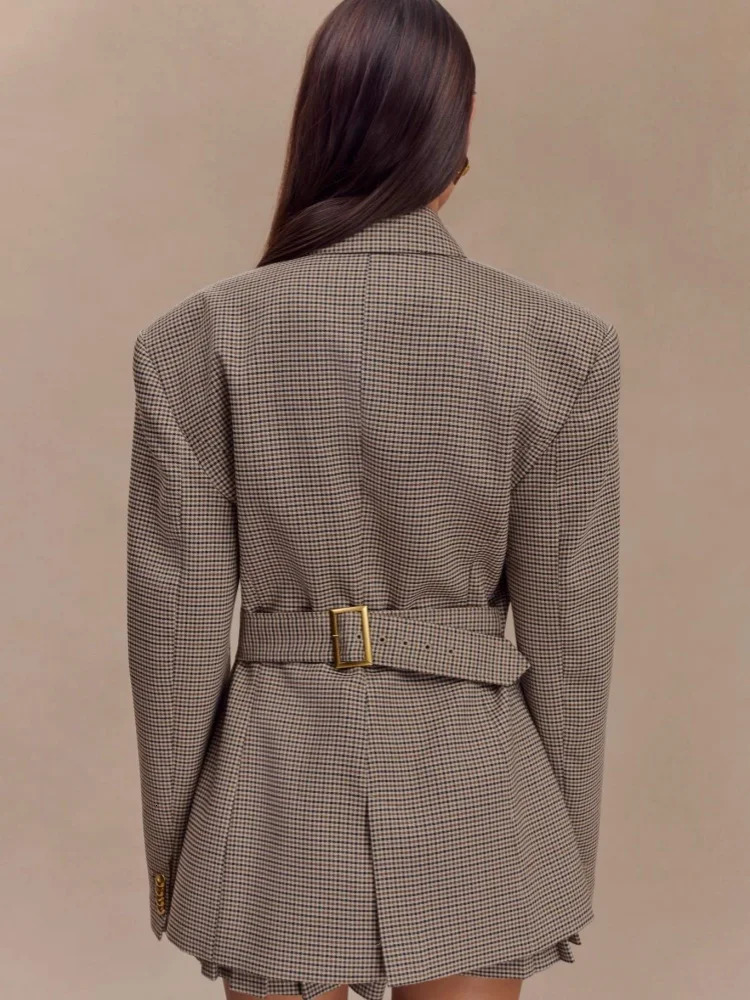 Womens Lapel Long Sleeves Plaid Jacket Khaki Woman Commute V Neck Loose Coat Female Fashion Charm Office Street Outercoats 250208Z