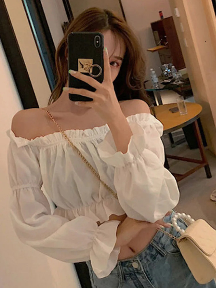 Womens Top Sexy Blouse Off Shoulder Long Sleeve Solid Color White Shirt Puff Ruffle Tunic Crop Summer Tube 250208Z