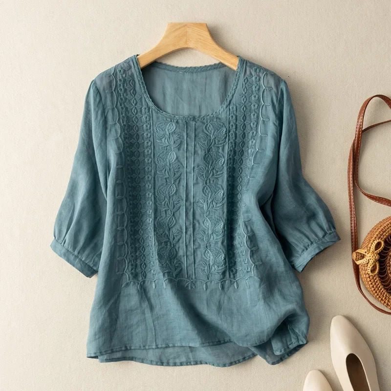 LooseFit Cotton Linen Summer Top 2023 Style Embroidered Vintage Shirt Womens Crew Neck Thin Version Large Size 250121