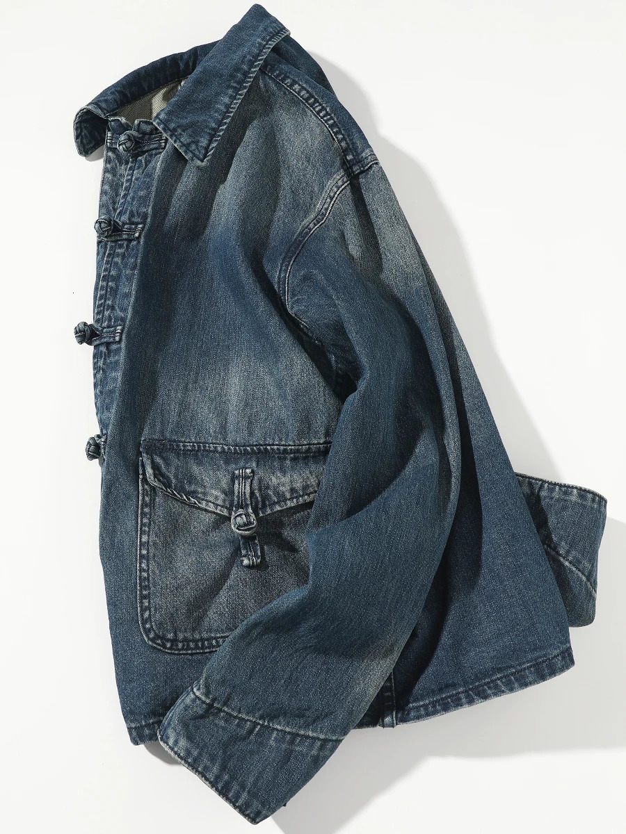 Spring And Autumn Chinese Style Mens Lapel Knot Button Washed Old Denim Jacket Loose Fashion 100% Cotton Casual Coat 250207