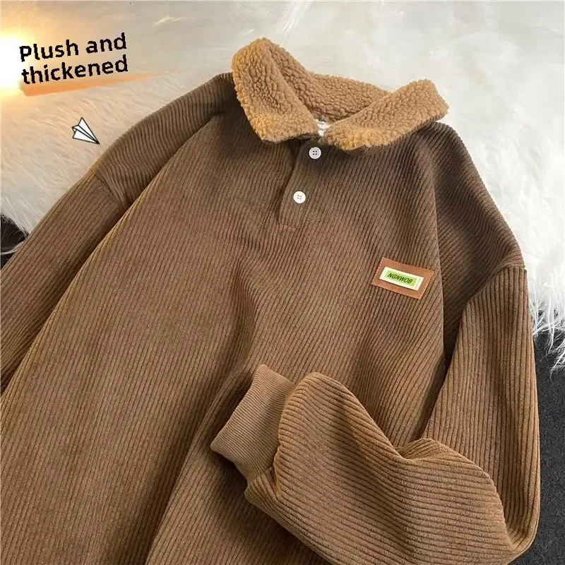 Lamb Fur Mens Hoodie Coat Autumn Winter Thickened Polo Collar Sweatshirt Fleece Lined Fashion Style For Teens And Adults 250207