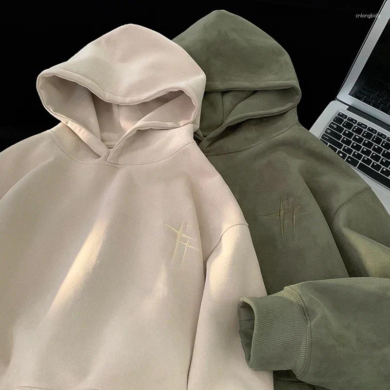 Mens Hoodies 2025 Streetwear Vintage Embroidered Suede Hooded Sweatshirt High Quality Hoodie Fashion Hip Hop Unisex Pullover Clothe