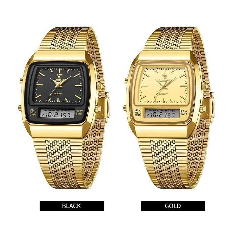 New Golden Steel Strap Quartz Sport Watch Mens Dual Time Week Display Digital Wristwatches Waterproof Clock Reloj Hombre Z250207