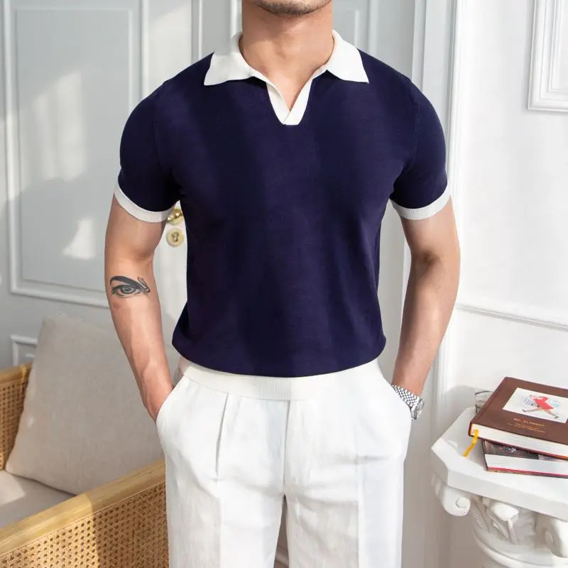 Spring Summer Fashion Elegant Polo Neck Knitted Tees Casual Versatile Western Clothing Loose Slim Mens TShirts 250207