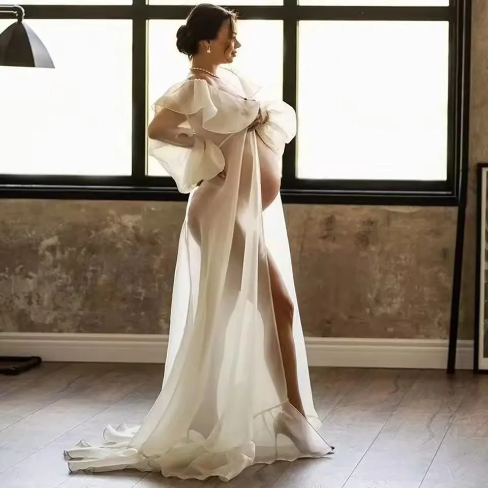 Boho Maternity Po Shoot Chiffon Dress Ruffle Neck Lantern Sleeve With Tie Cord Pregnancy Robe For Baby Shower 250114