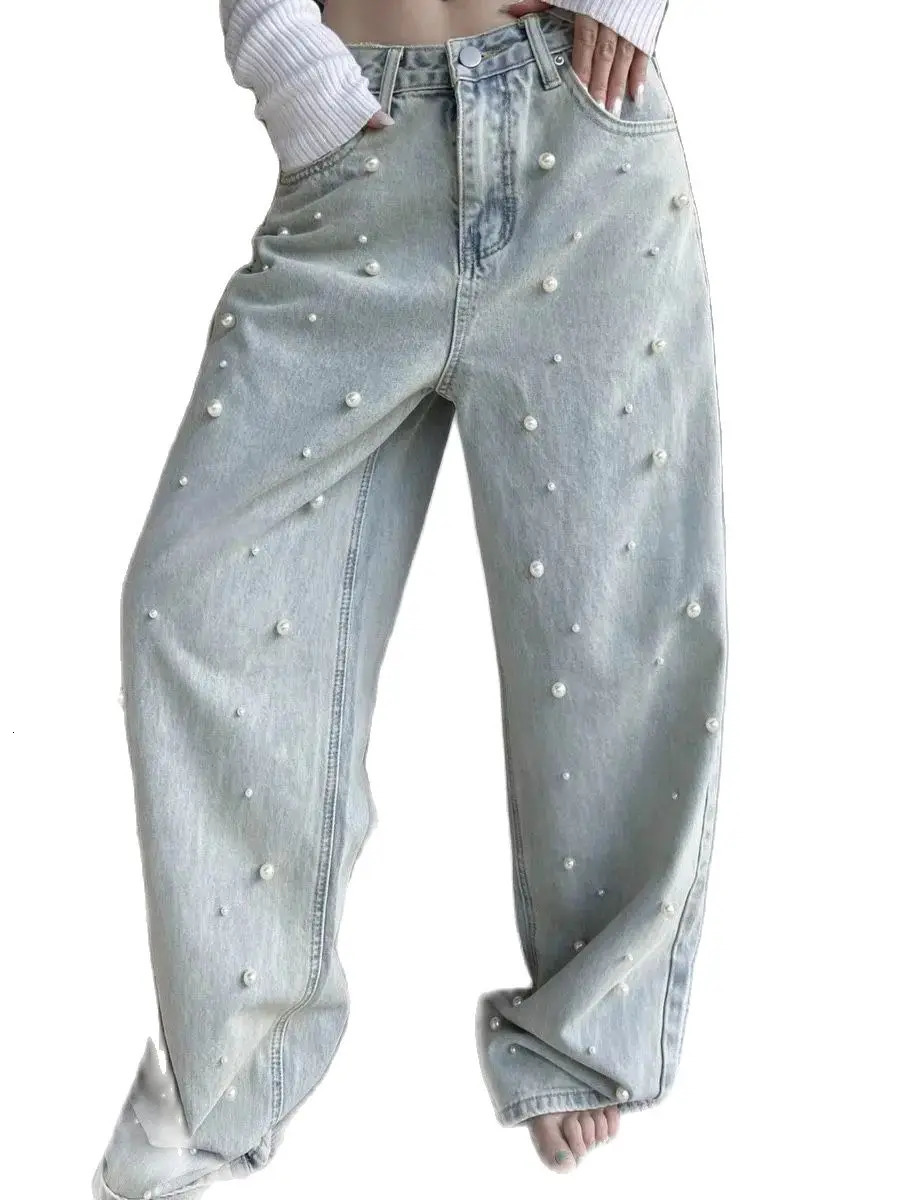 Loose And Fashionable Jeans Baggy Vintage Denim Trousers Pearls Cow Pants Aesthetic Trashy Oversize Clothes 250206