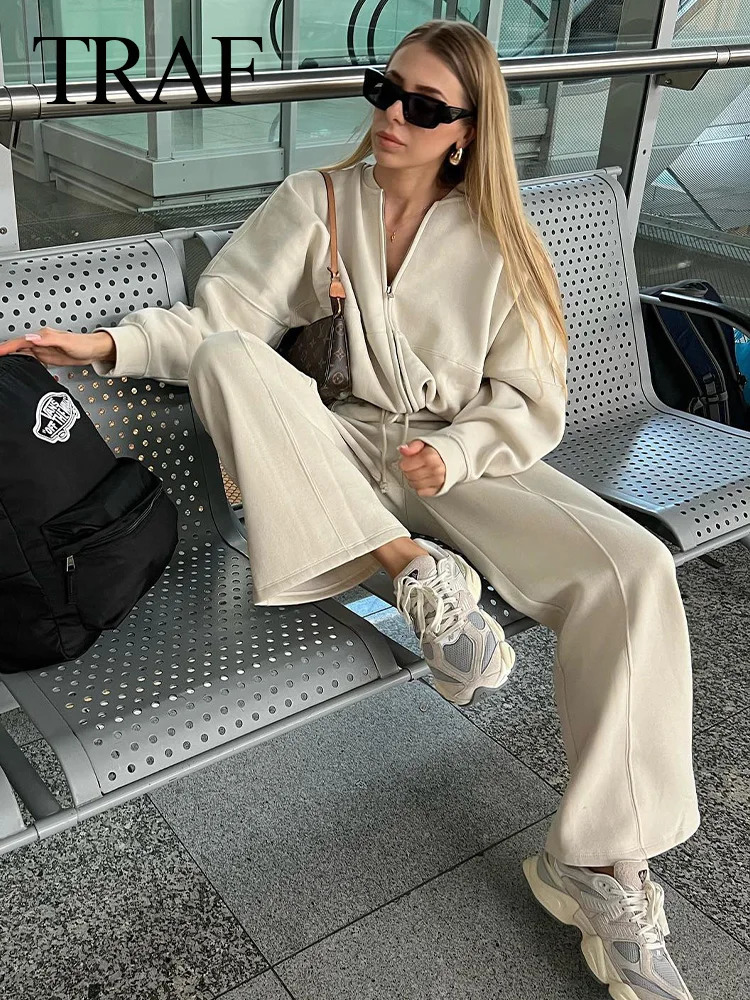 TRAFZA Autumn Womens Thick Hoodie Coat Drawstring High Waist Loose Casual Pants Set Lined Fleece Womans Clothing Street 250207