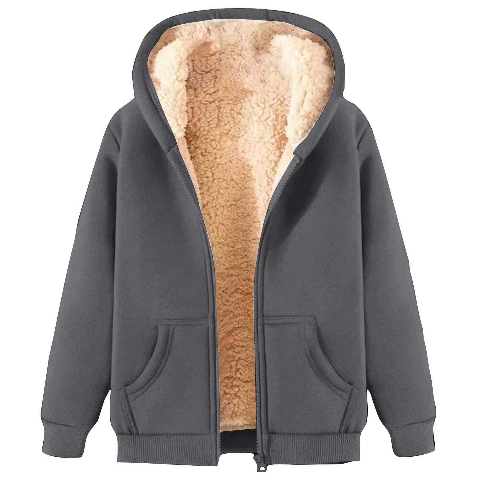 Women Autumn Winter Warm Zip Up Hoodies Casual Plush Oversized Hoodie Solid Color Fluffy Zipper Sweatshirt Blouse 250208Z