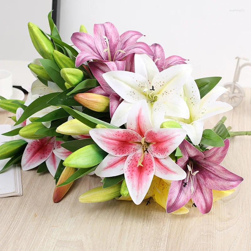 Update Decorative Flowers Real Looking 3D Printing Lily Branch Artificial White Fake Flores For Wedding Home Garden Decoration