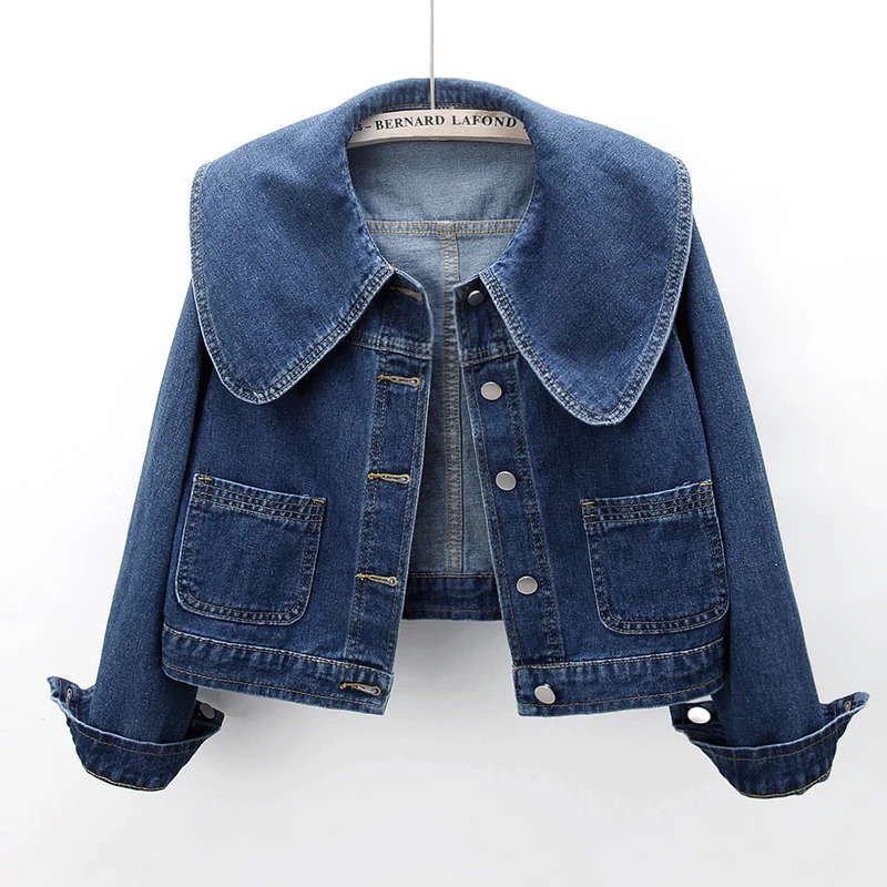 Peter Pan collar denim womens jacket Korean fashion long sleeved button up retro crop casual loose 250208Z