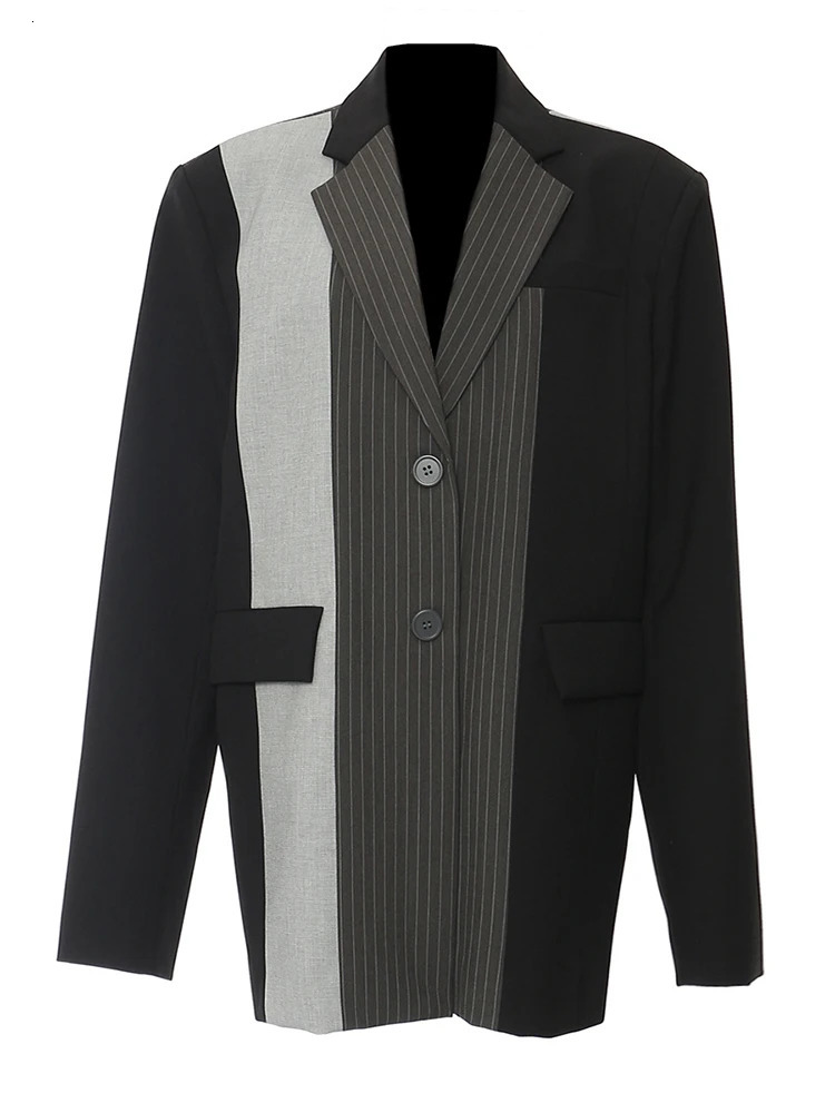 DEAT Fashion Womens Stripe Blazer Notched Single Breasted Pockets Contrast Color Cotton Suit Jackets Summer 1DH5935 250207