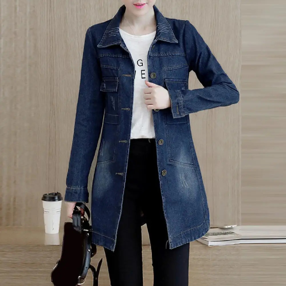 Fashion Single Breasted Long Denim Jacket Shrink Resistant Womens Irregular Hem for Vacation 250208Z