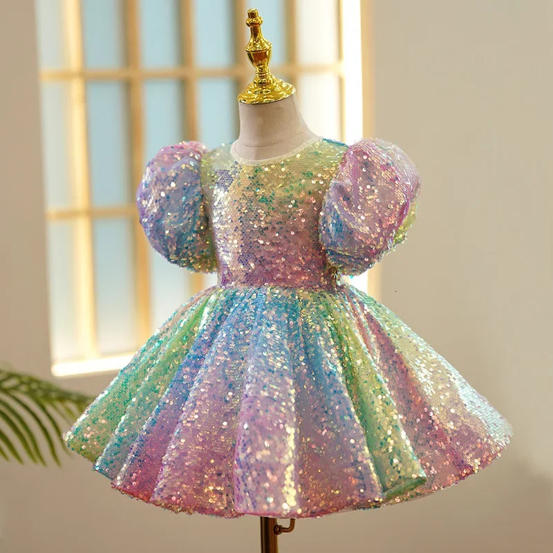 Sequin Ombre Girl Dress Pastel Sparkles Shimmers Puffy Sleeves Sequin Dress Girls Birthday Party Clothes 250114