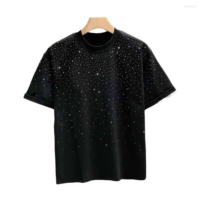 Men's T Shirts Summer Couple T-shirt Rhinestone Decor Round Neck Short Sleeves Men Top Loose Pullover Solid Color Mid Length Unisex Shirt