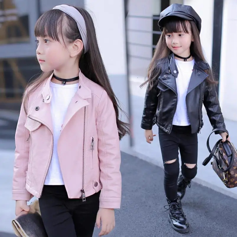 Autumn Winter Baby Girls Solid color lapel PU leather Kids Fashion Leather Jackets Children Outerwear Clothes 3-12Y 250113