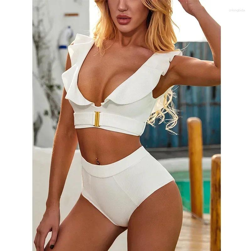 Womens Swimwear Bikini 2025 Sexy Swimsuit Women Ruffle V-neck Metal Buckle High Waist White Beach Bikinis Set Bathing Suit Push Up