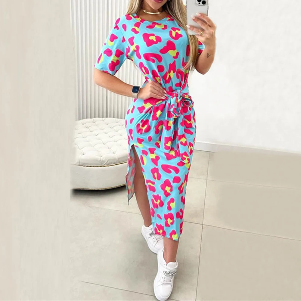 Women Casual Sexy Midi Dress Summer Leopard Printed Short Sleeve Crew Neck Split Holiday Sun Beach Asymmetric 250207