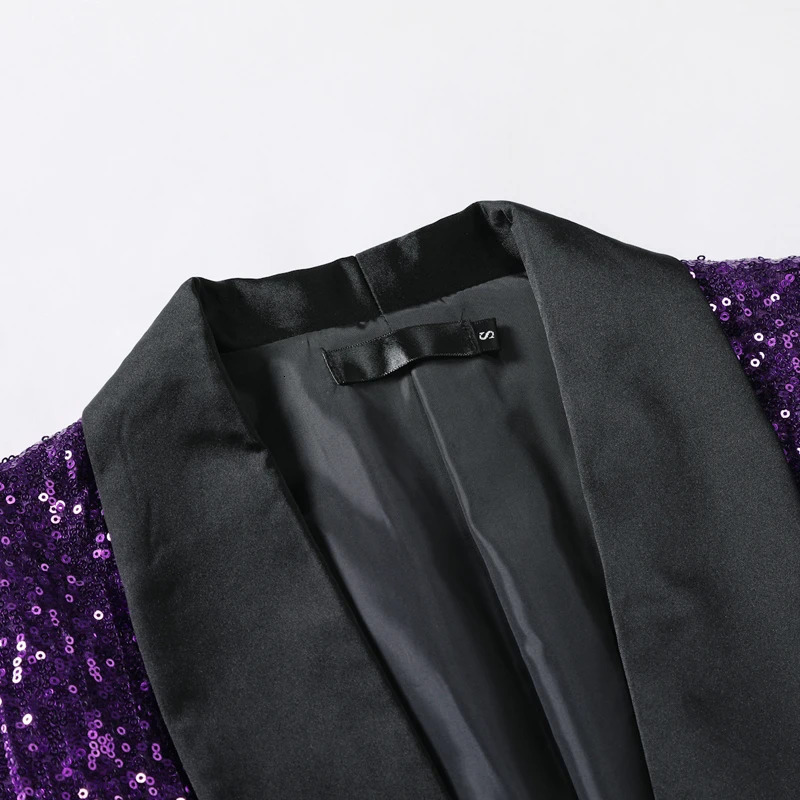 Shiny Purple Sequin Glitter Embellished Tuxedo Suit Jacket Men One Button Shawl Collar Night Club Stage Wedding Costume 250208Z