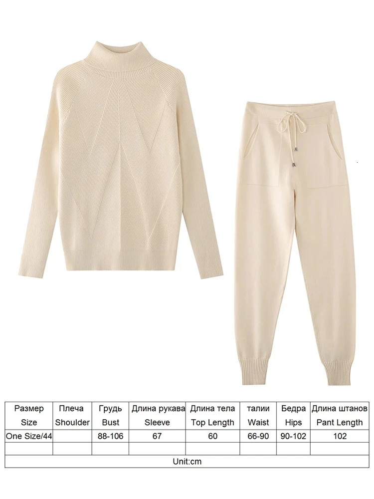 TYHRU Autumn Winter Womens tracksuit Solid Color Striped Turtleneck Sweater and Elastic Trousers Suits Knitted Two Piece Set 250207