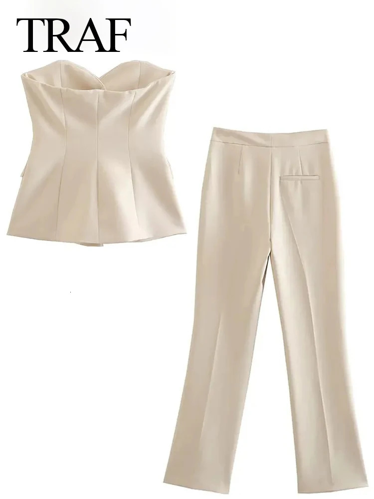 TRAF Women Fashion Solid Pant Suit Sleeveless Off Shoulder Single Breasted Tube TopSimple All-match Straight Trousers Set 250207