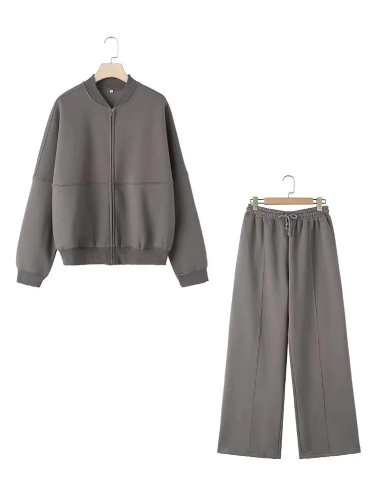 Women Sweatsuit Set Vintage O-neck Zipper Bomber Jackets High Waist Loose Pants Suit Female Spring Fashion Lady Sportswear 250207