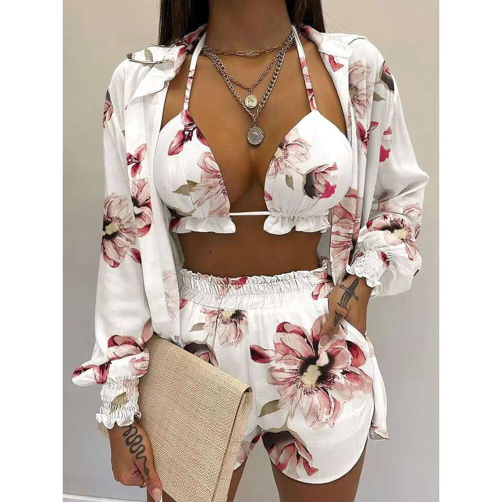 New Green Print High Waist Bikini Sets Swimsuit Women Sexy Lace Up Three Pieces Swimwear Beachwear For Bathing Suit