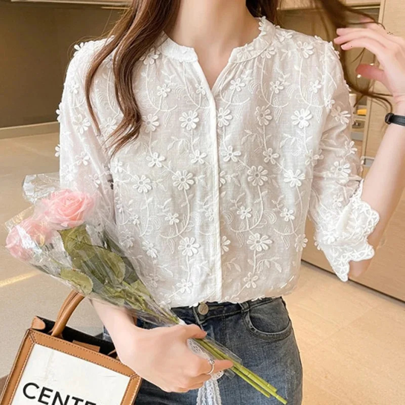 Womens Cotton Short Sleeve Lace Blouse Summer Tops Embroidery Floral White Shirt Fashion Casual Blouses 9638 250121
