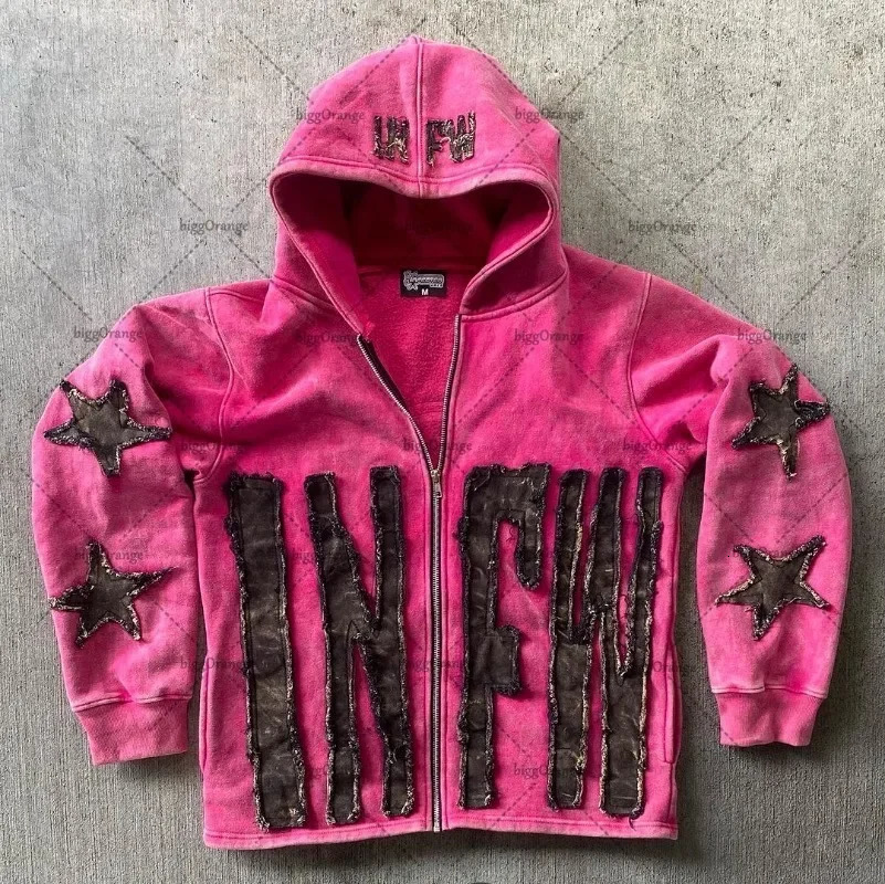 European and American letter embroidery super large hooded sweatshirt womens Y2K street couple jacket retro loose zipper sportswear mens style 250207
