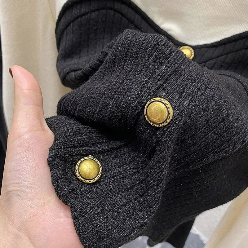 Elegant Patchwork T Shirt Streetwear Long Sleeve Crop Tops Fall Winter Korean Fashion Chic Buttons Slim All Match Tees 250114Z