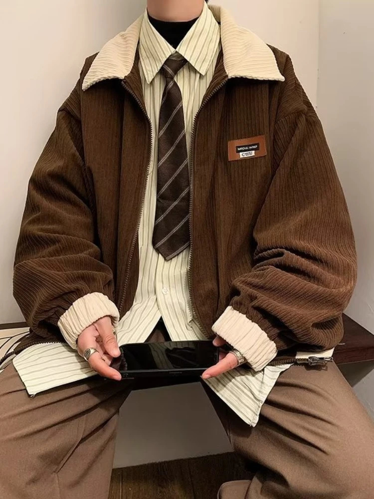 Mens Jackets Contrast Color Vintage Hong Kong Style Loose Leisure Allmatch Cozy Lapel Teens Streetwear Youthful Warm Classic 250208Z