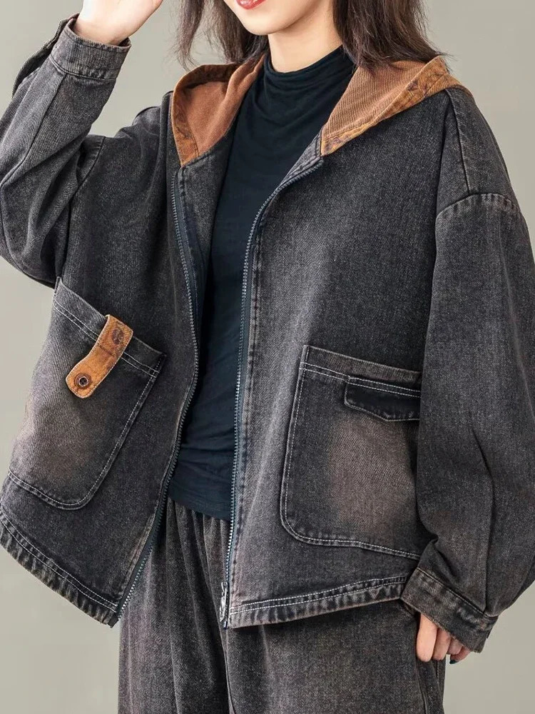Fall Korean Females Fashion Clothes Womens Hooded Denim Jackets Loose Vintage Coats Ladies Casual Classic Outerwear 250122