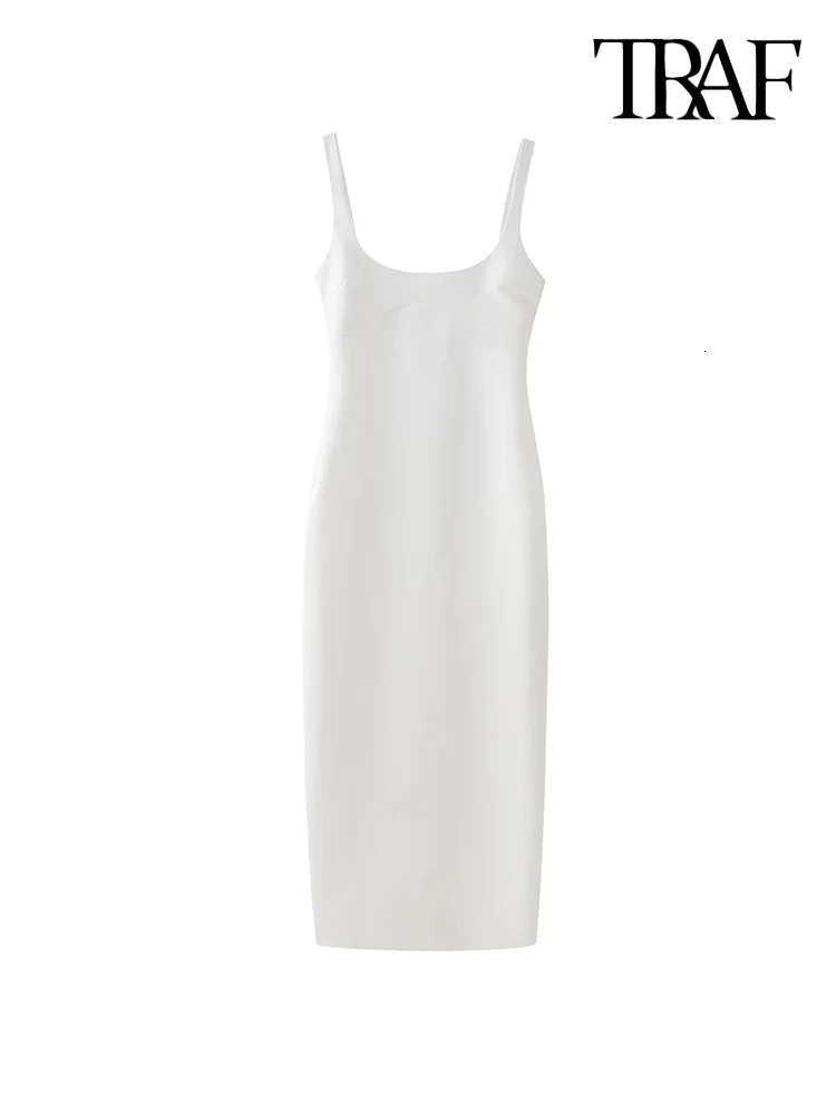 TRAFWomens Back Slit Solid Midi Dress O Neck Straps Female Dresses Chic Fashion 250207