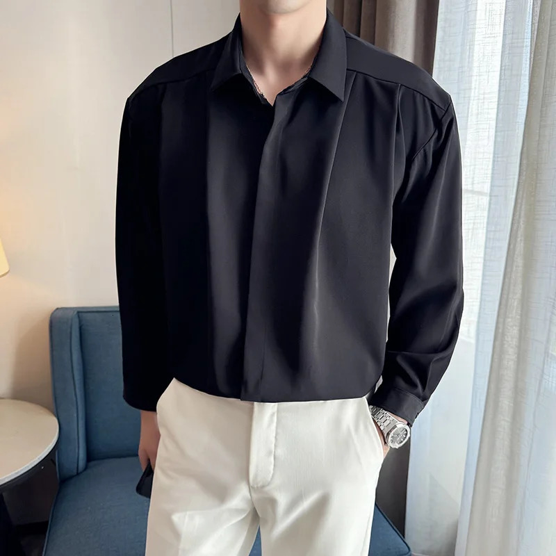 High End Solid Color Shirts Men Loose Pleated Hanging Shirt Long Sleeved Shirt Casual Business Social Men Clothing 250207