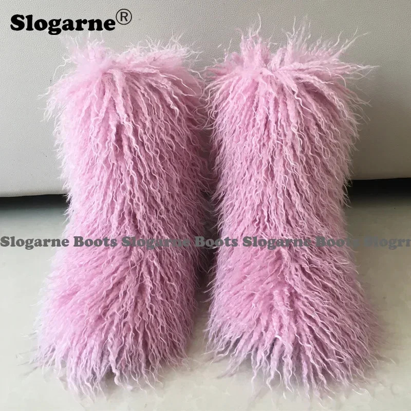 2024 Women Winter Snow Boots Outdoor Faux Wool Furry Curly Fur Woman Plush Warm 3CM Platform Shoes Large Size 250118