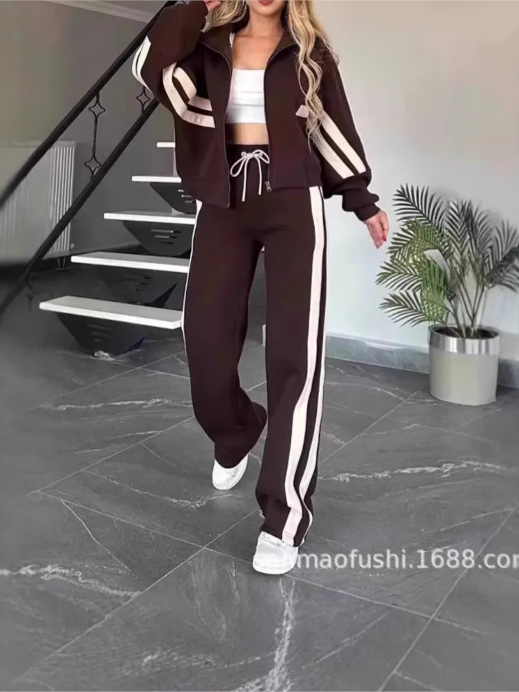 Striped Zipper Coatsweatpants Two Piece Set Women Casual Batwing Sleeve Sports Jacket Outfits Autumn Winter Sweatshirt Suit Y2K 250206