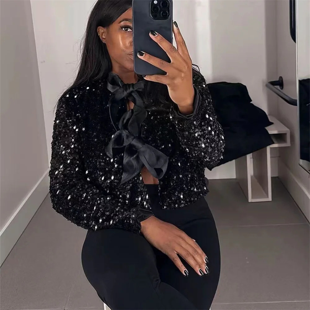 UNIZERA Autumn/Winter Product Womens Fashionable and Stylish Round Neck Long sleeved Bow Tied Sequin Suit Coat 250207