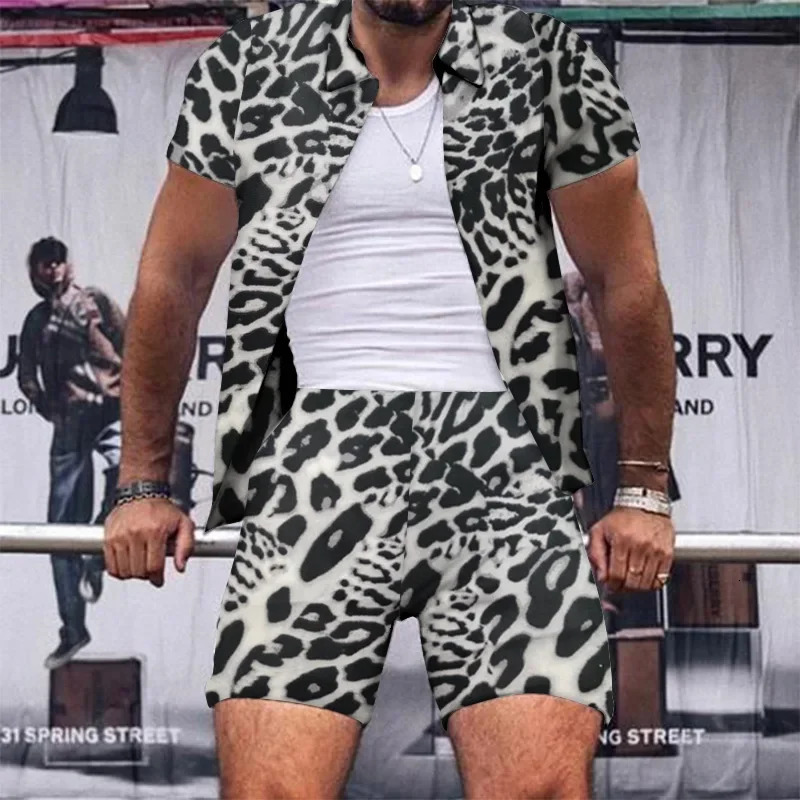 Mens Clothes Trend Men Sets Leopard Print Two Piece Outfits Street Casual Printing Shortsleeved Shirt Shorts Fashion Suit 250207