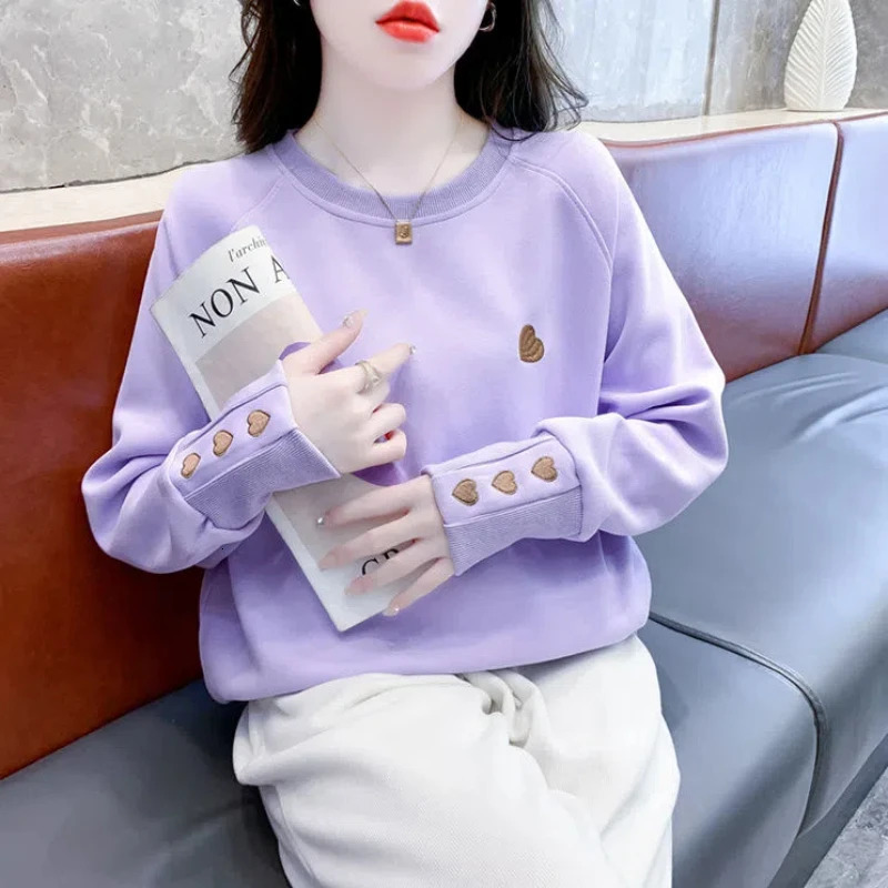 Plus Size Embroidery Loose Hoodies Spring Autumn Long Sleeve Solid Street Casual Pullovers Top Fashion Korean Women Clothing 250207