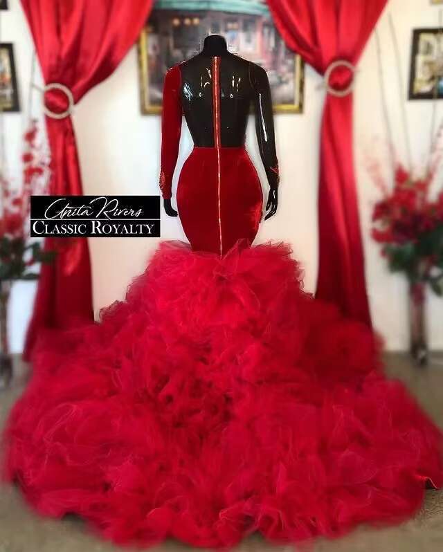 Red Aso Ebi African Dresses Mermaid Sleeves Appliques Long Dubai Arabic Black Girls Evening Gown Prom Customized