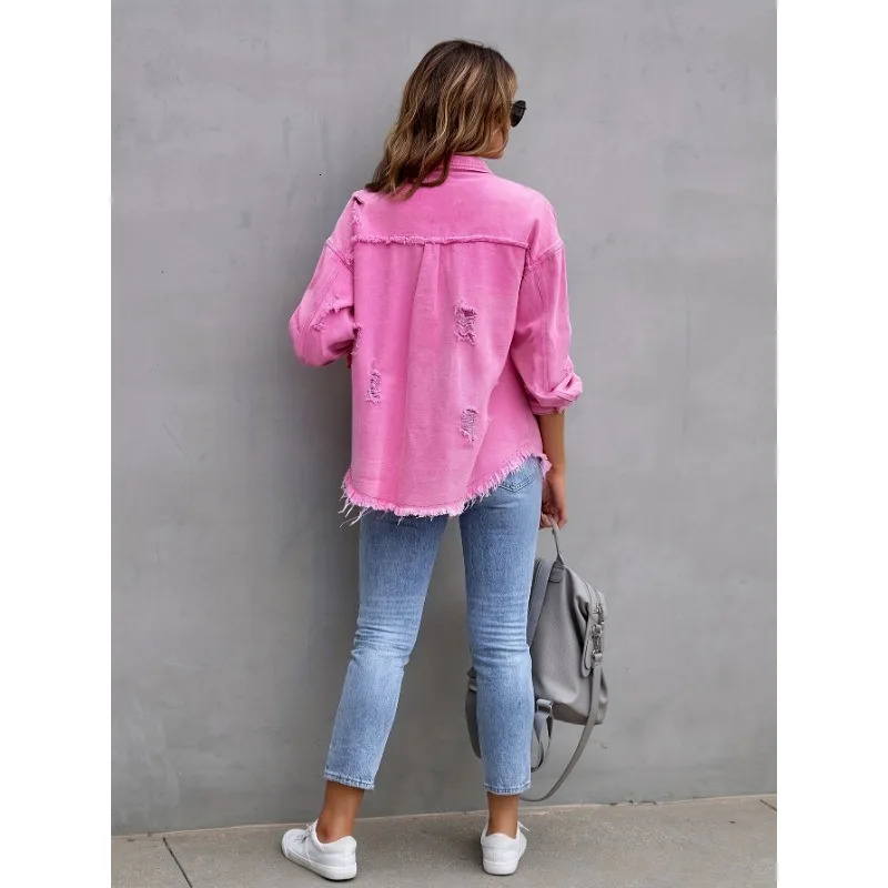 2024 Broken Holes Solid Color Denim Jacket Ladies Comfortable Casual Loose Button Cardigan Coat Streetwear Womens Outerwear 250208Z