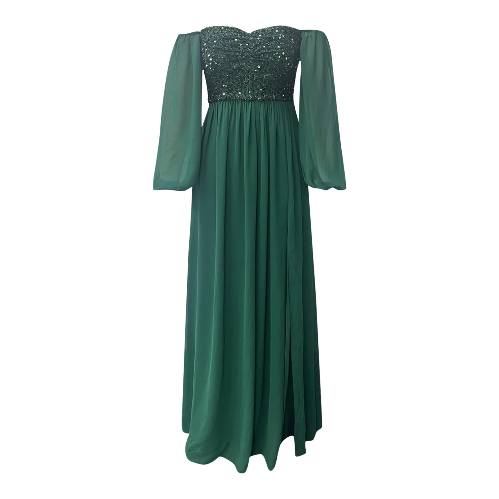 Women Sexy Slit Sequin Dress Spring Summer V Neck Off Shoulder Solid Banquet Elegant Gown Evening Party Dresses 250208wtt