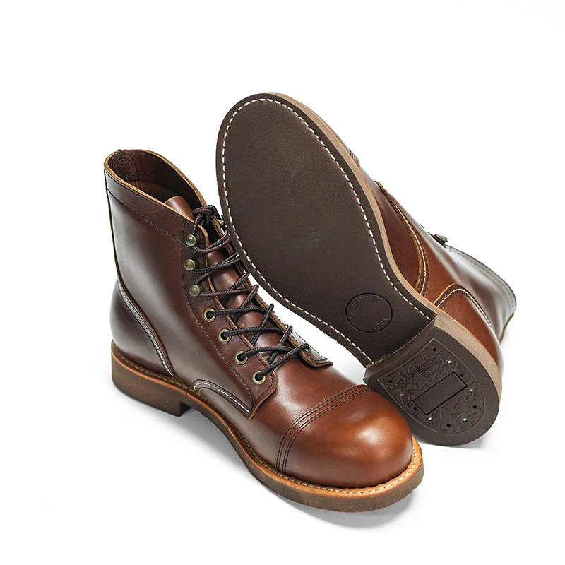 Durable Welted Motorcycle Rugged Heritage Boots Vintage Oil Genuine Leather 8111 Red Punk For Men Cowhide Mid-Cut Shoes250208