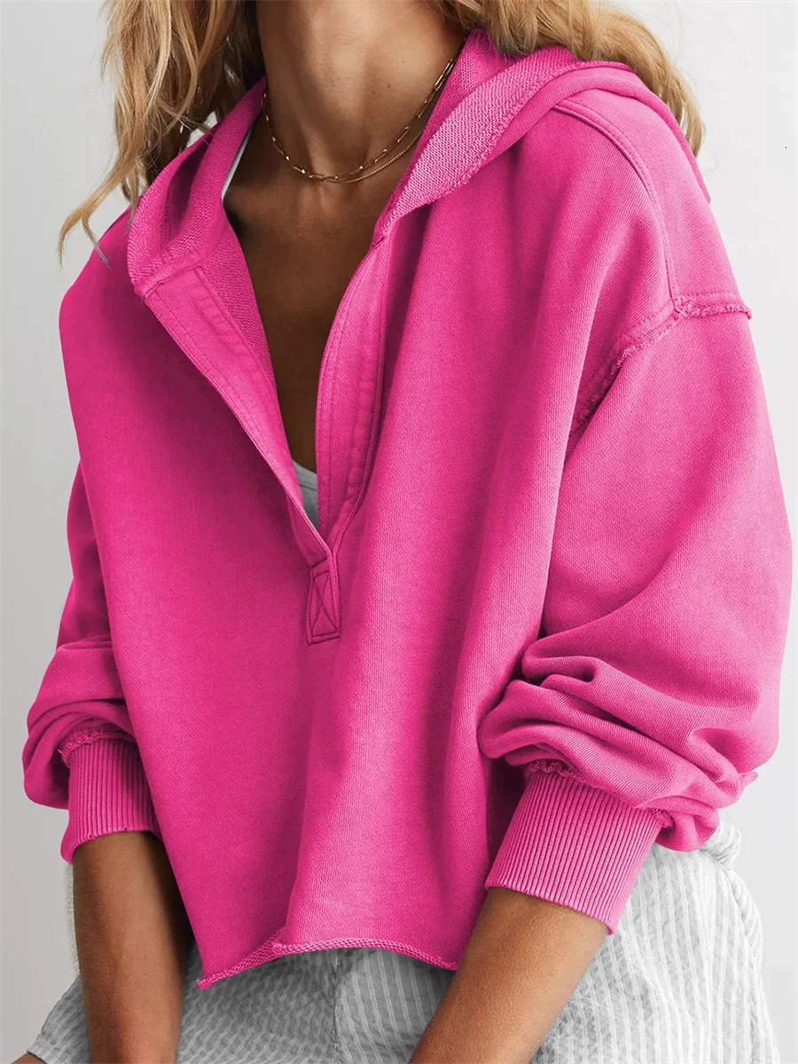 Womens Spring Autumn Hooded Sweatshirt Long Sleeve Solid Color V Neck Crop Hoodie 250121